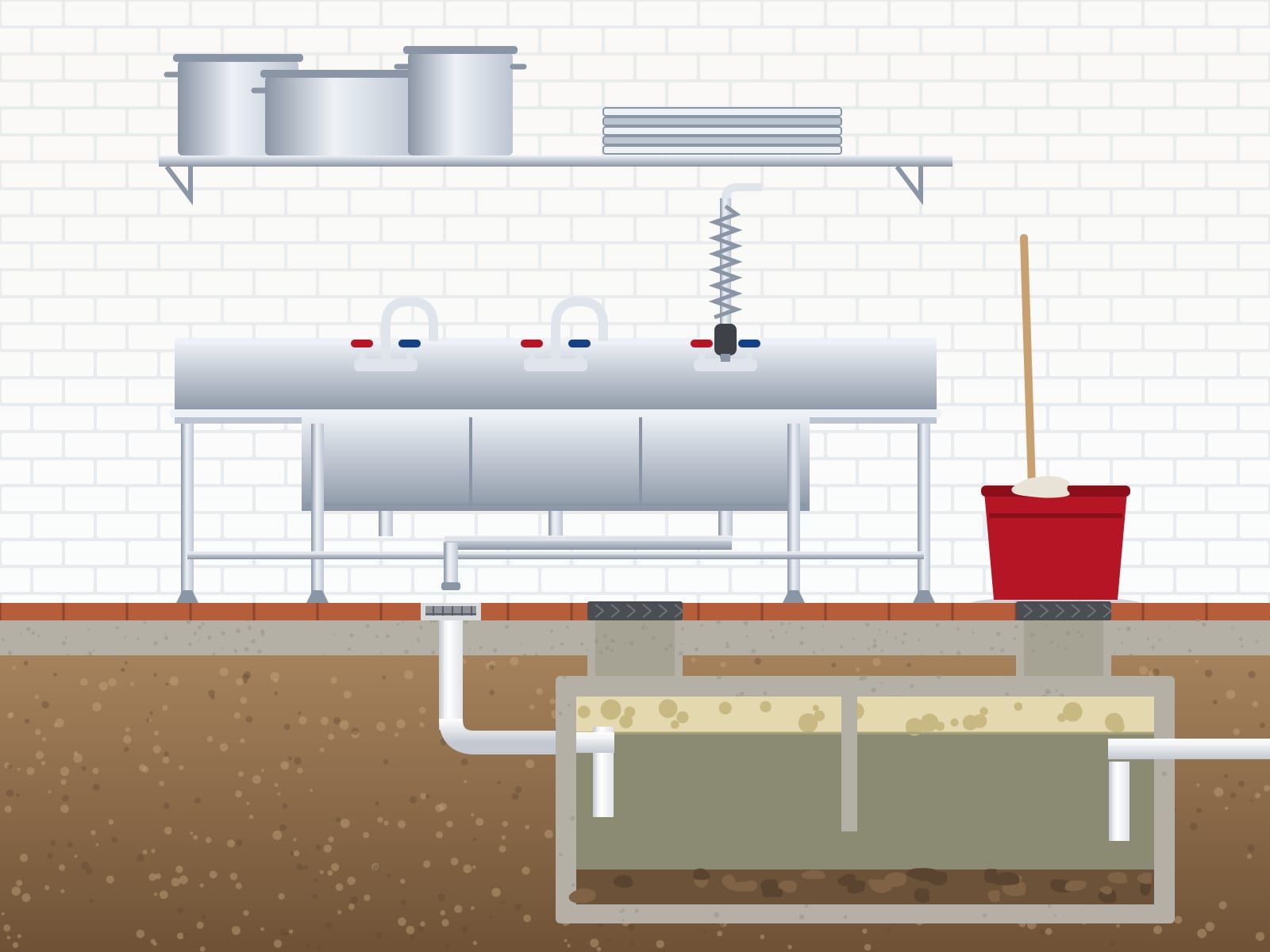 Illustration of a three-compartment stainless sink in a restaurant kitchen with a grease interceptor cut away under the floor