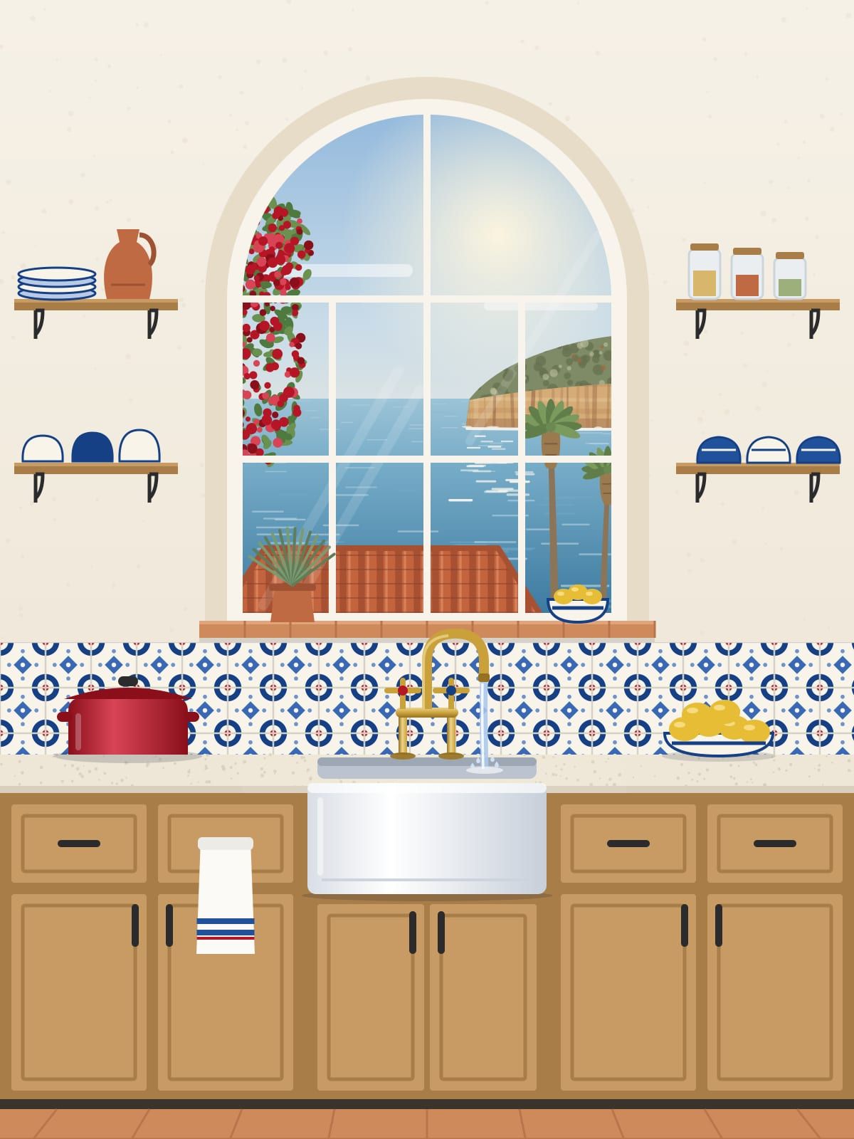 Illustration of a kitchen sink under an arched window, water running from a brass faucet, blue and white tile and a view of the ocean